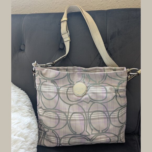 Coach, Tartan Plaid Cream Lavender Grey Signature Fabric Crossbody Bag - Picture 3 of 16